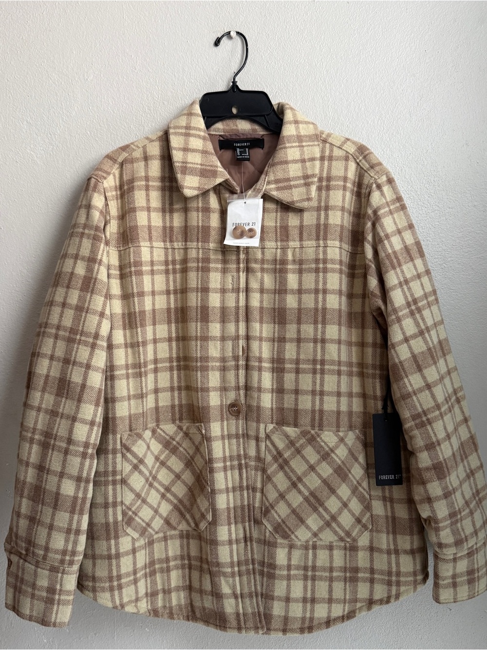 Forever 21 Cream & Brown Plaid Shacket Jacket